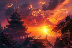 Buddhist temple at sunset, orange and purple tones, meditation and calmness, buddhism culture, Buddha purnima day. photo