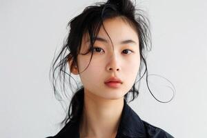 radiante asiático belleza limpio, Fresco piel y oscuro pelo en blanco fondo, cara cuidado, facial tratar, belleza y spa, asiático mujer retrato. foto