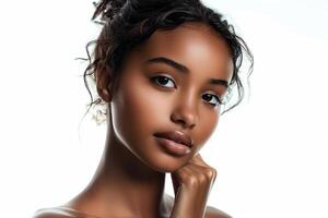 maravilloso retrato africano americano mujer con sano piel en contra blanco fondo, cara cuidado, facial tratamiento, productos cosméticos, belleza y spa foto