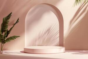Abstract peach 3D room with realistic round podium, palm tree and palm leaf shadow overlay. Minimal scene for cosmetic product presentation and demonstration. photo