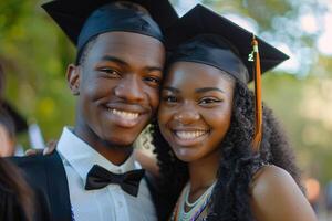 Happy african american couple students in graduation dresses and hats, posing at university campus outside, enjoying and celebrating graduation, closeup portrait photo