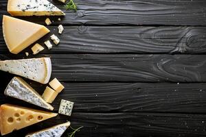 Different sorts of cheese on wooden black table, top view. Space for text, cheese background for ads of shop, factory photo