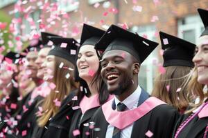 Shot of a group of cheerful university students on graduation day. Graduation ceremony with pink confetti. Different students in graduation dresses and hats photo