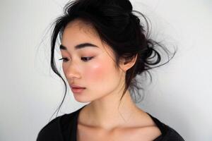 asiático mujer belleza, claro piel, oscuro cabello, blanco fondo, cara cuidado, facial tratamiento, cosmético, cosmetología, belleza y spa, asiático mujer retrato. foto