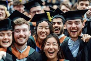 Shot of a group of cheerful university students on graduation day. Graduation ceremony. Different students in graduation dresses and hats photo