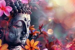 Vesak Day Concept, Buddha's face against abstract flowers on the background. buddha purnima day. photo