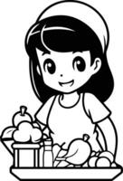 Cute little girl with healthy food in the kitchen. vector