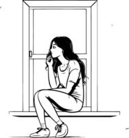 Sad girl sitting in front of the door in sketch style. vector