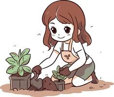 Little girl planting a houseplant on white background. vector