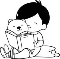 Cute boy reading a book with a dog. vector