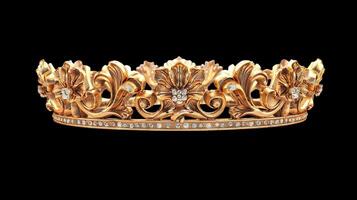 Gold ornate crown with gemstones, symbol of royalty and luxury, intricate craftsmanship detail photo