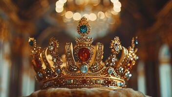 Gold ornate crown with gemstones, symbol of royalty and luxury, intricate craftsmanship detail photo