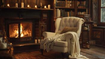 classic wingback chair by a warm fireplace, draped with a cozy throw, creating a perfect winter reading corner with inviting white light photo
