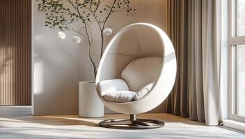 modern interior with a unique suspended egg chair on a stand, illuminated by white light in a minimalist living room with soft, relaxing neutral tones photo