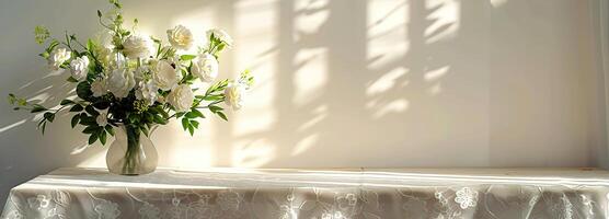 de madera mesa Bosquejo con blanco cordón Manteles y florero de blanco flores, Perfecto para hogar decoración y puesta en escena en suave ligero con limpiar blanco antecedentes foto