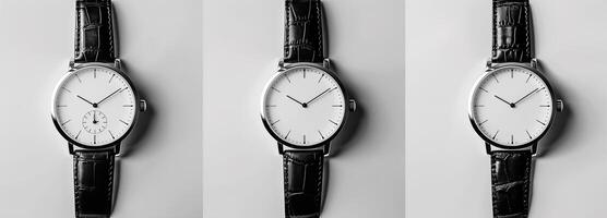 elegancia de moderno lujo con diseñador de los hombres y De las mujeres relojes presentando pulcro negro cuero correas y minimalista blanco caras foto