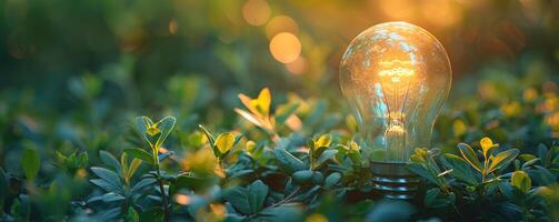 Sustainable energy concept with a glowing light bulb in natural green foliage, illustrating eco-friendly innovation and environmental conservation photo