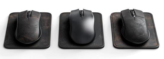 Sleek Black Computer Mouse with Stitched Mockup Pad for Professional Desktop Setup photo