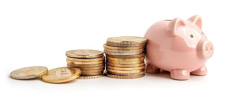 piggy bank with coin stacks on white backdrop, representing concepts of personal finance, investment, and saving for future photo