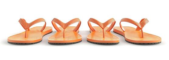 de moda naranja sandalias Perfecto para verano con un cómodo plano diseño, exhibido en frente y lado puntos de vista, aislado en blanco para Moda catálogos y viaje esenciales foto