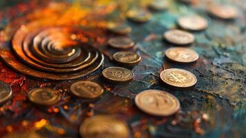 Digital and tangible wealth concept with bitcoin and assorted coins on vibrant, textured art canvas photo