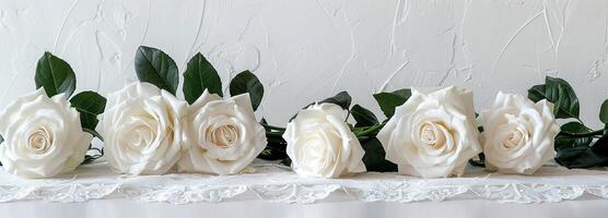 Wooden table mockup with white lace tablecloth and vase of white flowers, perfect for home decor and staging in soft light with clean white background photo