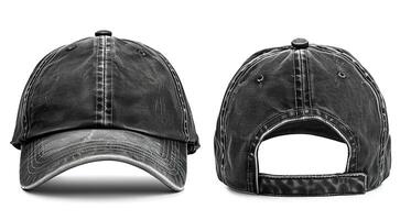 Distressed denim baseball cap mockup isolated on white, showcasing front and back views with detailed textures, perfect for fashion design and streetwear branding photo