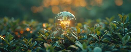 Sustainable energy concept with a glowing light bulb in natural green foliage, illustrating eco-friendly innovation and environmental conservation photo