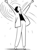 illustration of happy young woman with raised hands celebrating success or victory. vector