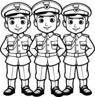 negro y blanco dibujos animados ilustración de niños policía o policía caracteres para colorante libro vector