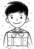 Black and white illustration of a boy holding a gift box with a bow. vector