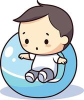 Cute baby boy sitting on the inflatable ball. vector