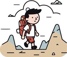 cute boy with backpack hiking in mountain illustration eps 10 vector