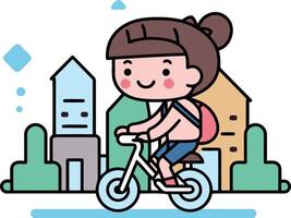 linda pequeño niña montando un bicicleta en el ciudad. vector