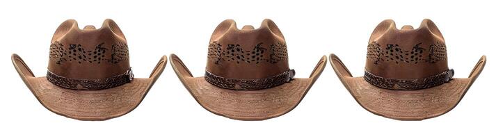 Authentic western straw cowboy hats with decorative bands, ideal for rustic style ensembles, presented in multiple angles for fashion and country-themed designs photo