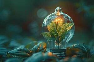 Sustainable energy concept with a glowing light bulb in natural green foliage, illustrating eco-friendly innovation and environmental conservation photo