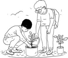 Father and son planting tree in a pot in sketch style. vector