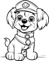 negro y blanco dibujos animados ilustración de linda perrito policía perro para colorante libro vector