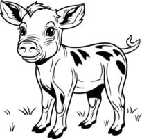 Black and white illustration of a calf standing on the grass. vector