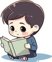 Cute little boy sitting and reading a book. vector