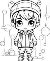 linda pequeño chico en invierno ropa para colorante libro. vector