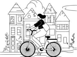 Young woman riding a bicycle in the city in thin line style. vector