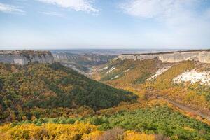 The autumn landscape of the mountain valley is an amazing, beautiful place at any time of the year. Hiking. Nature photo