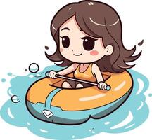 linda pequeño niña montando en un inflable bote. vector