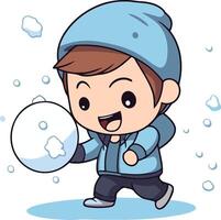 ilustración de un niño chico que lleva un bola de nieve en su mano vector