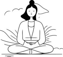 illustration of a woman meditating in lotus position on the beach. vector