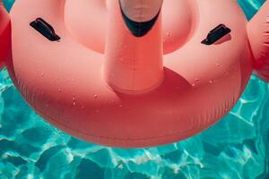 un rosado inflable flamenco es flotante en un piscina. el agua es claro y calma. el flamenco es el principal atención de el imagen, y eso es disfrutando sus hora en el agua. foto