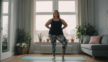 Large woman, yoga practice near sofa, leggings and top attire. Bright room, large window, floor-standing flower. photo