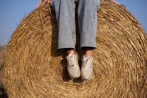 A person is sitting on a hay bale photo