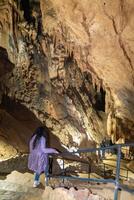 un mujer soportes en un pasarela en un cueva, mirando arriba a el techo. el cueva es lleno con estalactitas y estalagmitas, creando un sentido de temor y preguntarse. foto